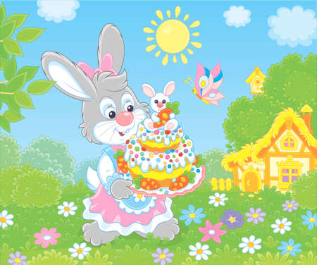 Cute Bunny in a festive dress with a fancy Easter cake among flowers on a sunny spring day, illustration in a cartoon styleのイラスト素材