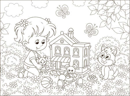 Cute little girl playing with a small doll, a bear, a rabbit and a toy house among flowers on a sunny summer day, black and white illustration in a cartoon styleのイラスト素材