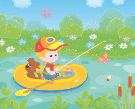 Little boy fisherman with a fishing-rod and a small pup in his inflatable boat catching fish in a pond on a sunny summer day, illustration in a cartoon styleのイラスト素材