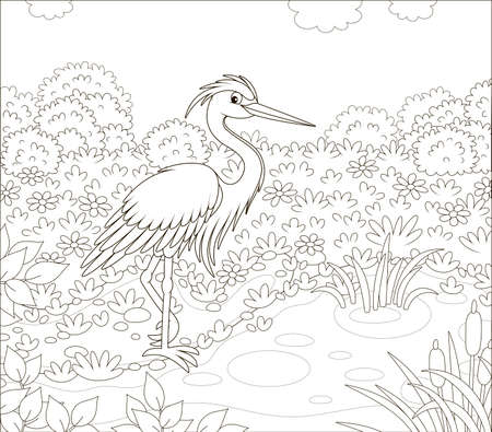 Heron by a small lake among cane, grass and flowers of a meadow on a summer day, black and white illustration in a cartoon style for a coloring bookのイラスト素材