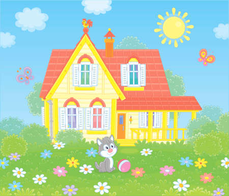 Village house and a small grey kitten playing with butterflies among flowers on green grass of a lawn, illustration in a cartoon styleのイラスト素材
