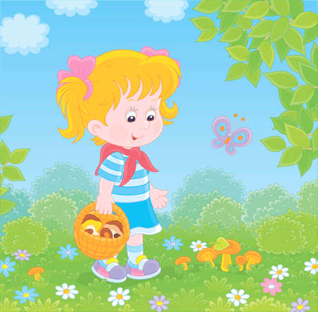 Girl walking with a basket and gathering mushrooms on a green forest glade on a summer day, illustration in a cartoon styleのイラスト素材
