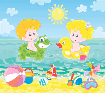 Happy little kids swimming in inflatable rings in blue water on a sea beach on a sunny summer day,  illustration in a cartoon styleのイラスト素材