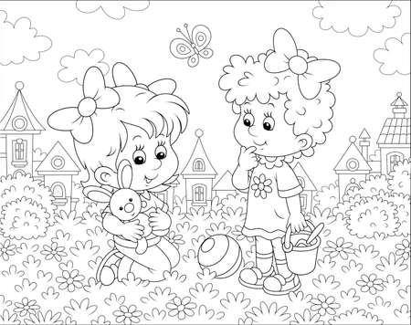 Cute little girls playing with a small toy rabbit among flowers on grass of a lawn against a background of houses of a small town, black and white illustration in a cartoon styleのイラスト素材