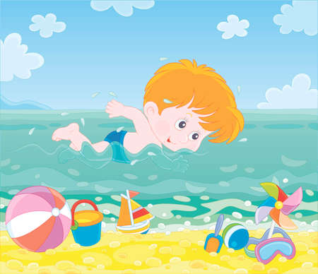 Little boy swimming in blue water on a sea beach on a sunny summer day, vector illustration in a cartoon styleのイラスト素材