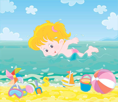 Little girl swimming in blue water on a sea beach on a sunny summer day, vector illustration in a cartoon styleのイラスト素材