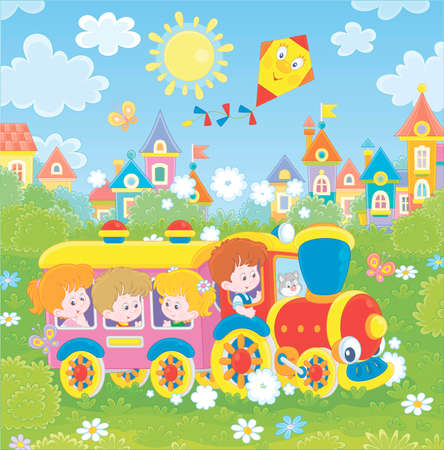Happy little children playing in a colorful toy train on a playground in a summer park of a small town on a sunny day, illustration in a cartoon styleのイラスト素材