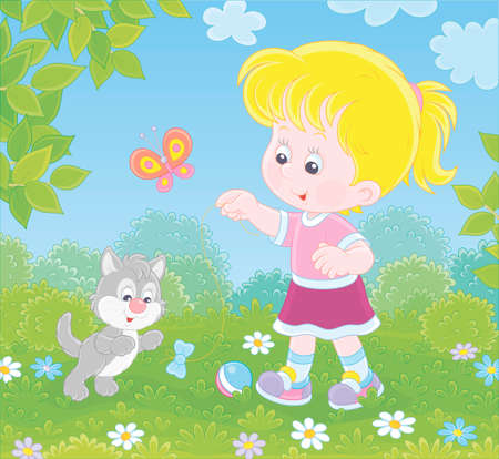 Smiling little girl playing with a small grey kitten among flowers on green grass of a lawn on a sunny summer day, illustration in a cartoon styleのイラスト素材