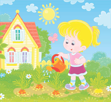 Smiling little girl watering carrots in her small kitchen garden in front of a house on a sunny summer day, illustration in a cartoon styleのイラスト素材
