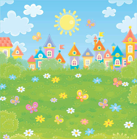 Colorful houses of a small town among green trees, flowers and fluttering butterflies on a sunny summer day, illustration in a cartoon styleのイラスト素材