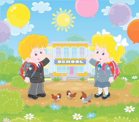 The first of September. Happy schoolchildren with schoolbags and colorful balloons standing in front of their school on a sunny day, illustration in a cartoon styleの素材 [FY310127959838]