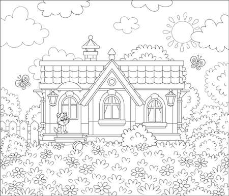 Small village house and a cute little kitten watching funny butterflies flittering among flowers on a lawn on a sunny summer day, black and white illustration in a cartoon style for a coloring bookのイラスト素材