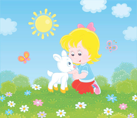 Happy little girl playing with a small white kid among wildflowers on green grass of a summer field on a sunny day, vector illustration in a cartoon styleのイラスト素材