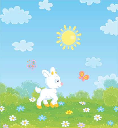 Little white kid playing with flittering colorful butterflies among flowers on green grass of a meadow on a sunny summer day, vector illustration in a cartoon styleのイラスト素材