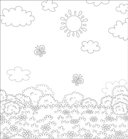 Butterflies flying over a field with wildflowers on a pretty summer day, black and white vector illustration in a cartoon style for a coloring bookのイラスト素材