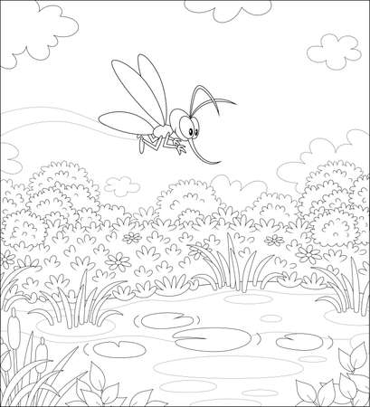 Funny mosquito flying over a water meadow and a small pond on a pretty summer day, black and white vector illustration in a cartoon style for a coloring bookのイラスト素材