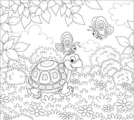 Friendly smiling turtle playing with small butterflies on grass of a forest glade on a wonderful summer day, black and white vector illustration in a cartoon style for a coloring bookのイラスト素材