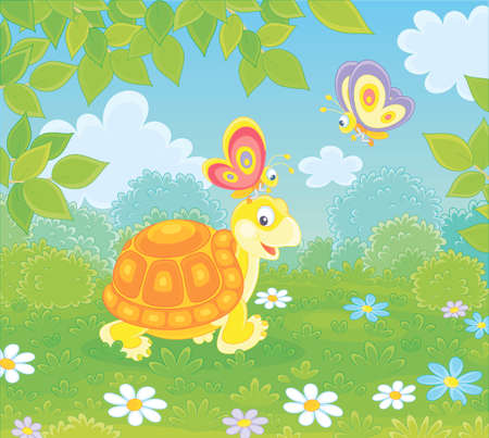 Friendly smiling turtle playing with small colorful butterflies on green grass of a forest glade on a wonderful summer day, vector illustration in a cartoon styleのイラスト素材