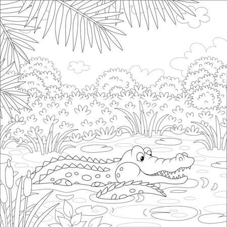 Big crocodile swimming in water of a lake under palm branches in tropical jungle, black and white vector illustration in a cartoon style for a coloring bookのイラスト素材