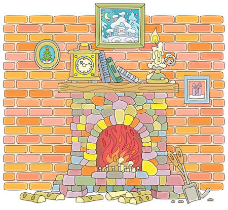 Old stone fireplace with burning firewoods and a mantel clock, books and a burning candle on a wood chimneypiece against a background of a brick wall, vector illustration in a cartoon styleのイラスト素材