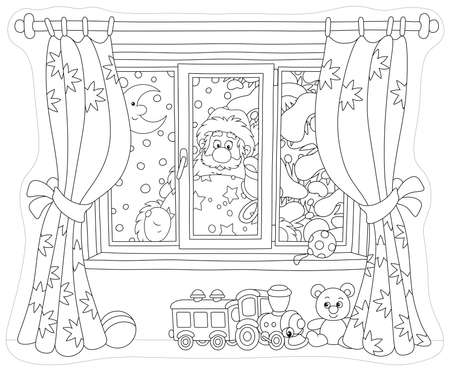 Santa Claus holding his gift bag and looking through a window with curtains into a nursery on the snowy night before Christmas, black and white vector illustrationのイラスト素材