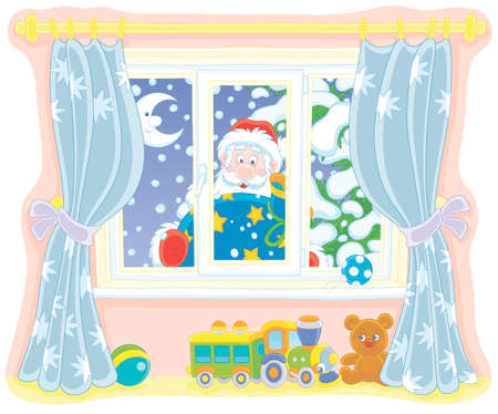 Santa Claus holding his gift bag and looking through a window with curtains into a nursery on the snowy night before Christmas, vector illustration in a cartoon styleのイラスト素材