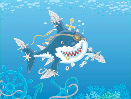 Perfidiously smiling great white shark pirate with fins sabers attacking in blue water of a tropical sea near a coral reef with wreckage of an old sail ship, vector illustration in a cartoon styleのイラスト素材