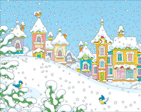 Christmas background with a snow hill in a park and colorful houses of a small toy town on a snowy winter day, vector illustration in a cartoon styleのイラスト素材