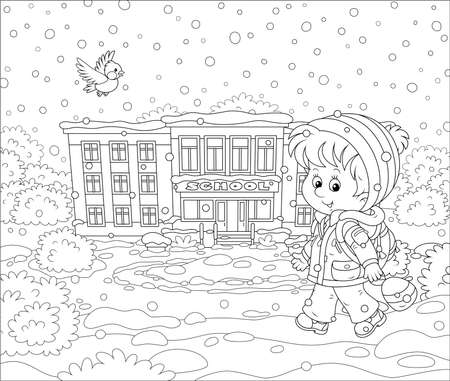 Smiling schoolboy with his schoolbag going to school through snowfall, black and white vector illustration in a cartoon style for a coloring bookのイラスト素材