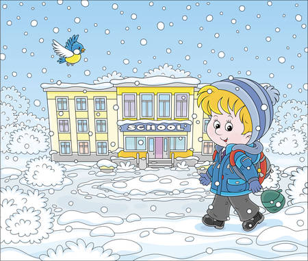 Winter morning, a smiling schoolboy with his schoolbag going to school through snowfall, vector illustration in a cartoon styleのイラスト素材