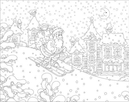 The night before Christmas, Santa Claus with his big bag of gifts skiing down a snow hill to a small snow-covered town, black and white vector illustration in a cartoon styleのイラスト素材