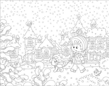 Little boy strolling with his cheerful pup through a snow-covered park of a small town on a snowy winter day, black and white vector illustration in a cartoon style for a coloring bookのイラスト素材