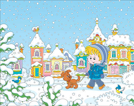 Little boy strolling with his cheerful pup through a snow-covered park of a small colorful town on a snowy winter day, vector illustration in a cartoon styleのイラスト素材