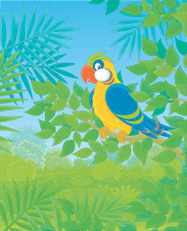 Funny colorful parrot perched on a green tree branch in tropical jungle, vector illustrations in a cartoon styleのイラスト素材