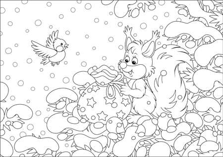 Friendly smiling squirrel with a beautiful bag of Christmas gifts and nuts on a snow-covered branch of a fir in a winter forest on a snowy day, black and white vector cartoon illustrationのイラスト素材