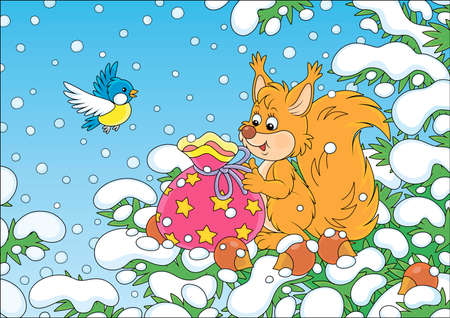 Friendly smiling red squirrel with a beautiful bag of Christmas gifts and nuts on a snow-covered branch of a green fir in a winter forest on a snowy day, vector cartoon illustrationのイラスト素材
