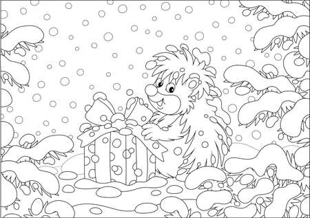 Little prickly surprised hedgehog with a Christmas gift under snow-covered branches of firs in a winter forest on a snowy day, black and white vector cartoon illustrationのイラスト素材