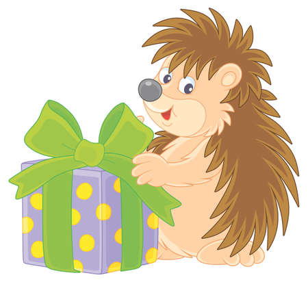 Joyful and friendly smiling little hedgehog holding a beautiful box with a holiday gift, vector cartoon illustrationのイラスト素材