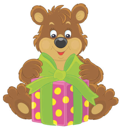 Joyful and friendly smiling little brown bear and a beautiful box with a holiday gift, vector cartoon illustrationのイラスト素材