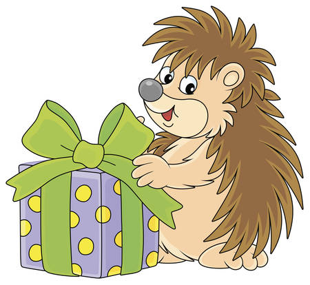 Cute little hedgehog holding a beautiful box with a holiday gift, vector cartoon illustrationのイラスト素材