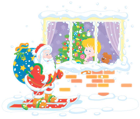 The night before Christmas, a little boy looking through a window at Santa Claus skiing with his big bag of holiday gifts, vector cartoon illustrationのイラスト素材