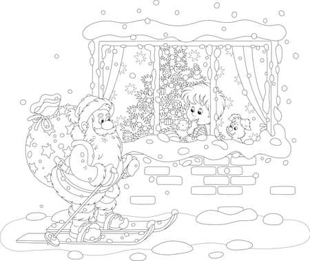 The night before Christmas, a little boy looking through a window at Santa Claus skiing with his big bag of holiday gifts, black and white vector cartoon illustrationのイラスト素材