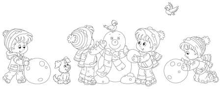 Happy little kids making big snow balls and sculpting a friendly smiling funny snowman with a striped scarf, black and white vector cartoon illustration for a coloring book pageのイラスト素材