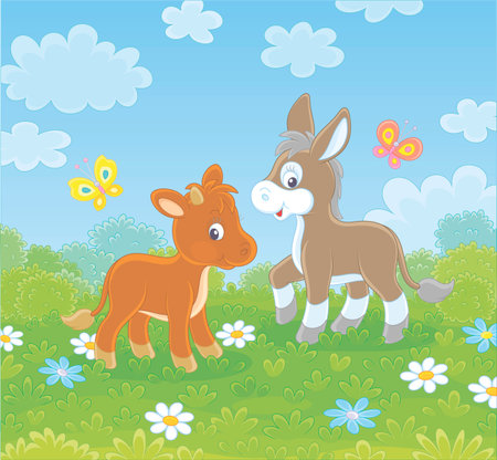 Small donkey and a little calf walking among white and blue flowers on green grass of a summer field on a beautiful sunny day, vector cartoon illustrationのイラスト素材