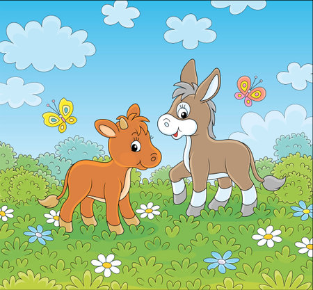 Small donkey and a little calf walking among white and blue flowers on green grass of a summer field on a beautiful sunny day, vector cartoon illustrationのイラスト素材