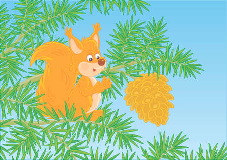 Friendly smiling red squirrel with a big cone on a branch of a green prickly fir tree in a wild forest, vector cartoon illustrationのイラスト素材