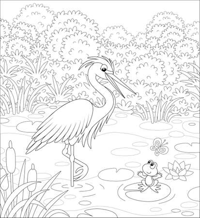 Big heron and a small frog on a lake among cane, grass and bushes of a summer meadow, black and white vector cartoon illustration for a coloring bookのイラスト素材