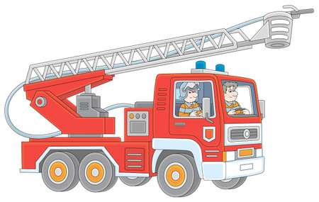 Fire-engine carrying firefighters and equipment for fighting large fires, vector cartoon...