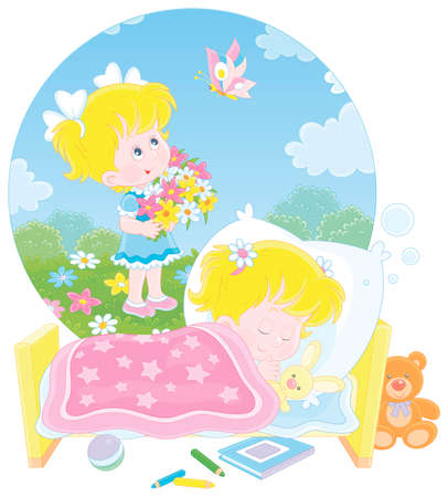 Little girl sleeping in her bed and dreaming of a sunny summer day, colorful flowers and a beautiful butterfly, vector cartoon illustration on a white backgroundのイラスト素材