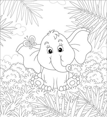 Little baby elephant sitting on grass and playing with a small butterfly against the background of palm branches and bushes of tropical savanna, black and white vector cartoon illustrationのイラスト素材